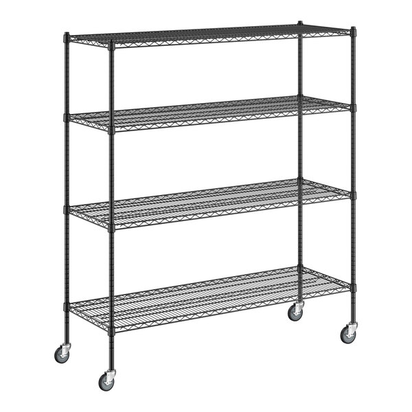 A Regency black wire shelving unit with casters.
