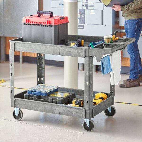 Lavex Large Black 2-Shelf Utility Cart with Flat Top, Built-In Tool  Compartment, and Oversized Wheels