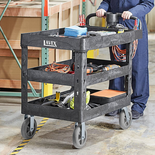 Lavex Large Black 3-Shelf Utility Cart with Ergonomic Handle, Built-In Tool  Compartments, and Oversized Wheels