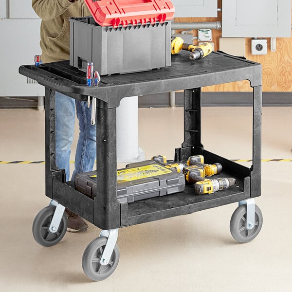 Lavex Large 2-Shelf Utility Cart with Flat Top, Built-In Tool Compartment, and Oversized Wheels