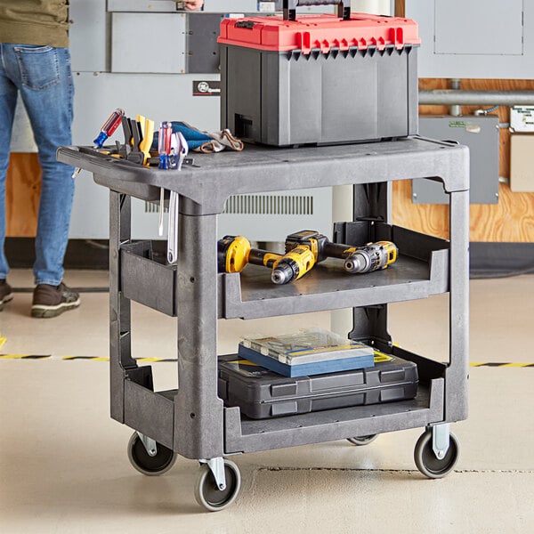 Lavex Industrial Medium Gray 3-Shelf Utility Cart with Flat Top and Built-In Tool Compartment - 38" x 18 3/4" x 32 1/4"