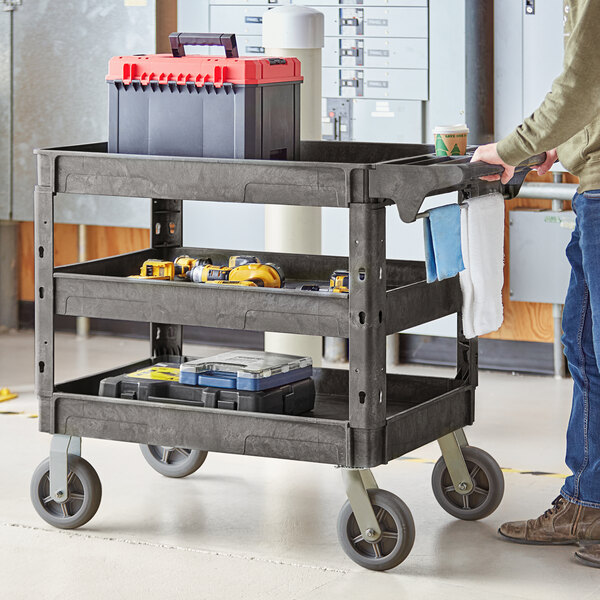 Lavex Large Black 3-Shelf Utility Cart with Flat Top and Built-In