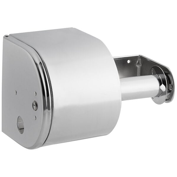 A silver metal San Jamar double roll toilet paper dispenser with a metal handle.