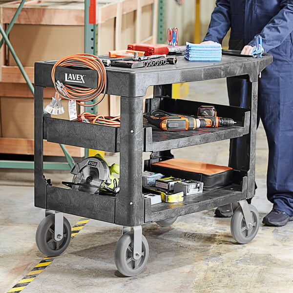 Lavex Large Black 3-Shelf Utility Cart with Flat Top, Built-In Tool Compartment, and Oversized Wheels