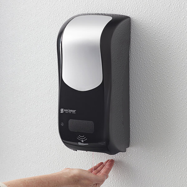 San Jamar SH970BKSS Summit Rely Black Hybrid Automatic Hand Soap, Sanitizer, and Lotion Dispenser - 5 1/2" x 4" x 12"