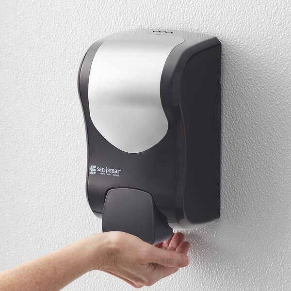 San Jamar SF970BKSS Summit Rely Black Manual Foam Hand Soap and Sanitizer Dispenser - 5 3/16" x 4" x 8 7/8"