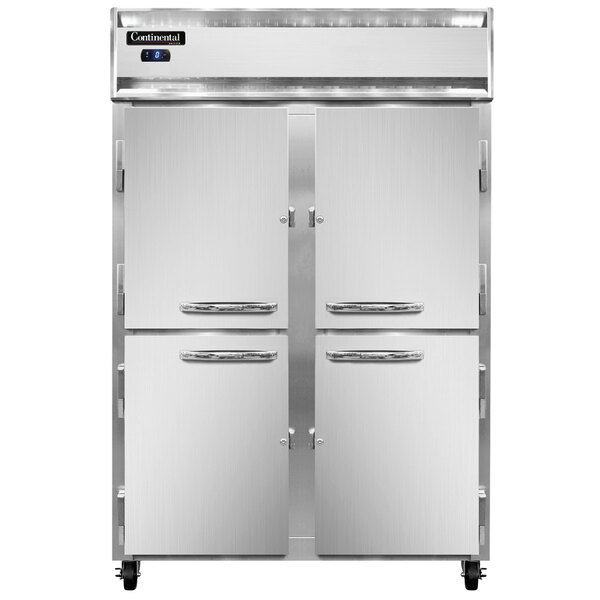 A white Continental Refrigerator shallow depth reach-in freezer with four half doors and silver handles.