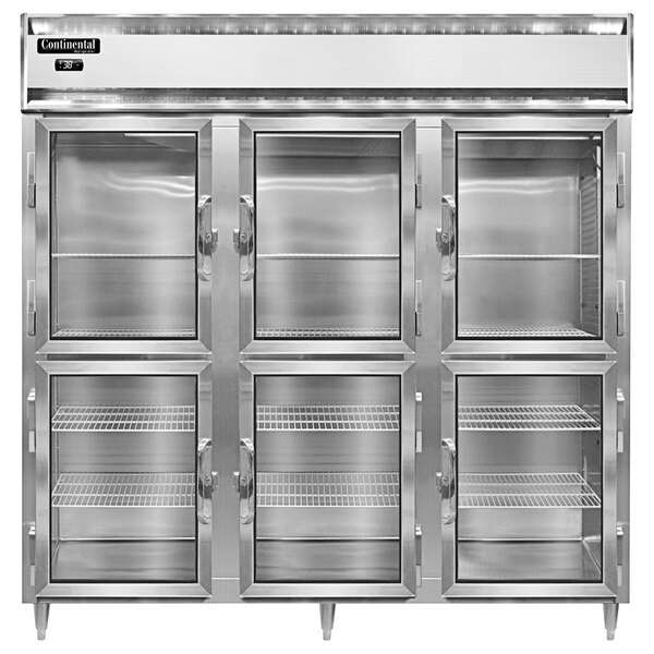 A stainless steel Continental Refrigerator with three half glass doors.