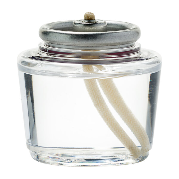 A clear container of Hollowick liquid candle fuel with a white lid and a white rope.