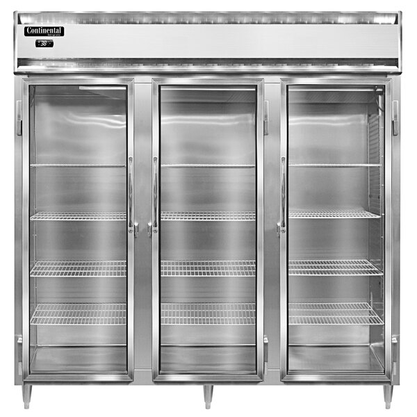 A Continental Refrigerator with three glass doors.