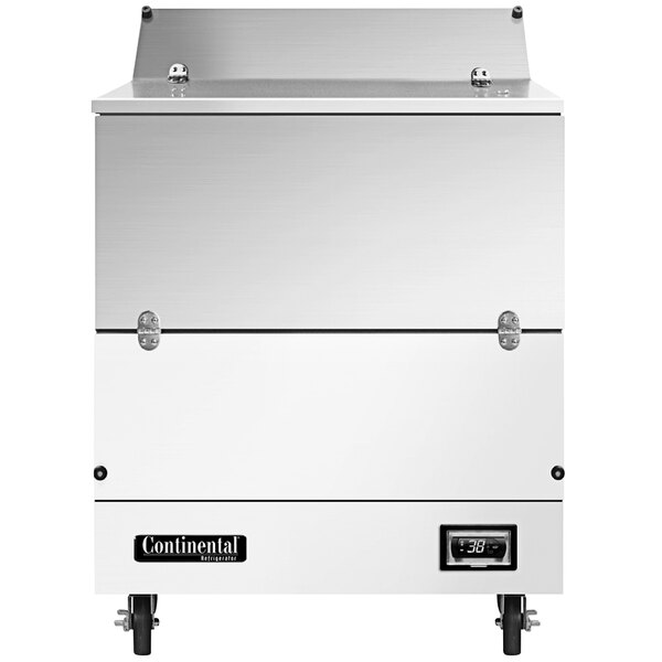 A white rectangular stainless steel Continental Refrigerator milk cooler with wheels and a black label.