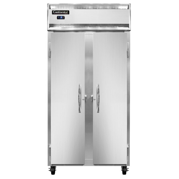 A stainless steel Continental Refrigerator double door reach-in freezer with a white door and black border.
