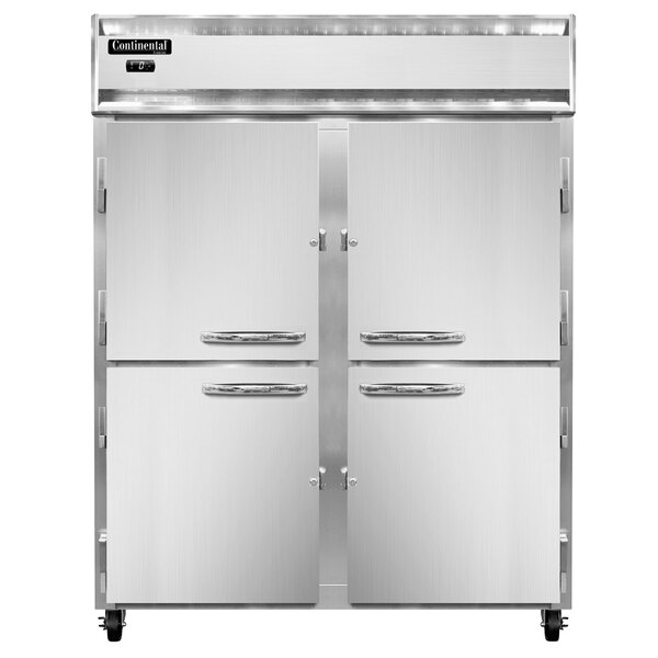A white Continental Refrigerator reach-in freezer with two doors and silver handles.