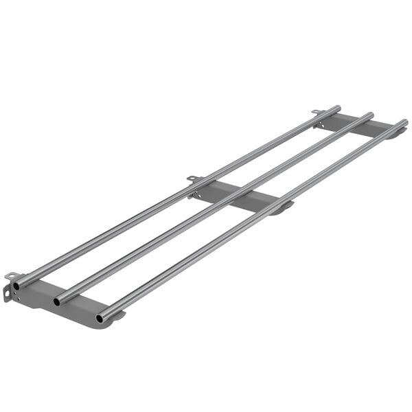 A stainless steel rack with three metal bars.