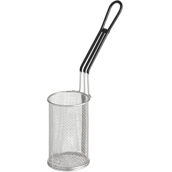 An Avantco metal pasta basket with a metal handle.