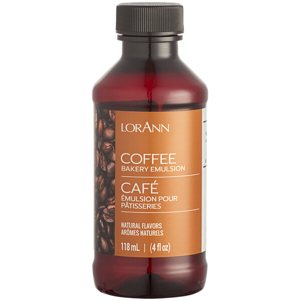 A brown plastic bottle of LorAnn Oils All-Natural Coffee Bakery Emulsion with a brown label.