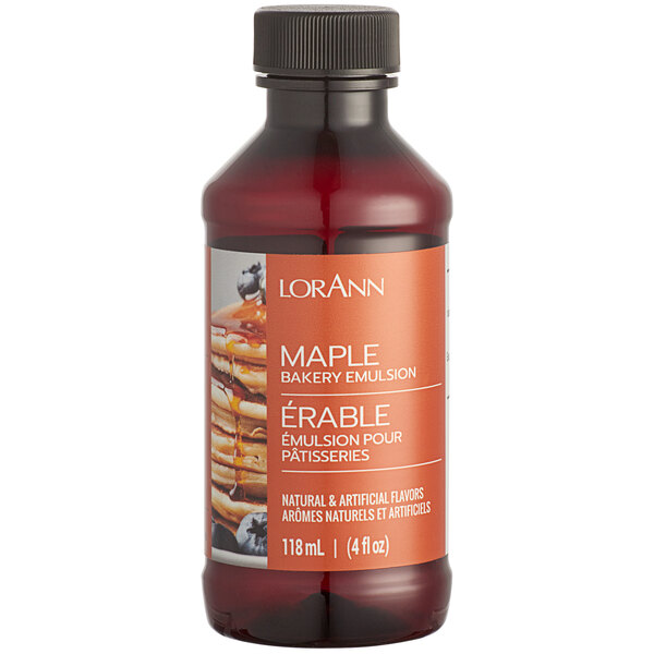 A brown LorAnn Oils bottle with a black cap and a label that reads "Maple Bakery Emulsion" on a white background.
