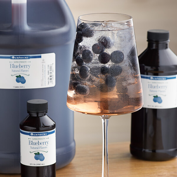 A bottle of LorAnn Oils All-Natural Blueberry Super Strength Flavor syrup.