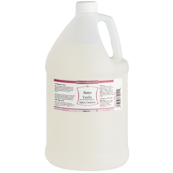 A white jug of LorAnn Oils Butter Vanilla Bakery Emulsion with a label.