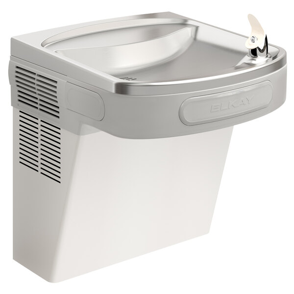 An Elkay stainless steel wall mount drinking fountain with a water tap.