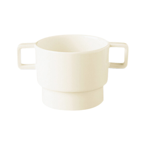 A RAK Porcelain warm white porcelain breakfast cup with two handles.