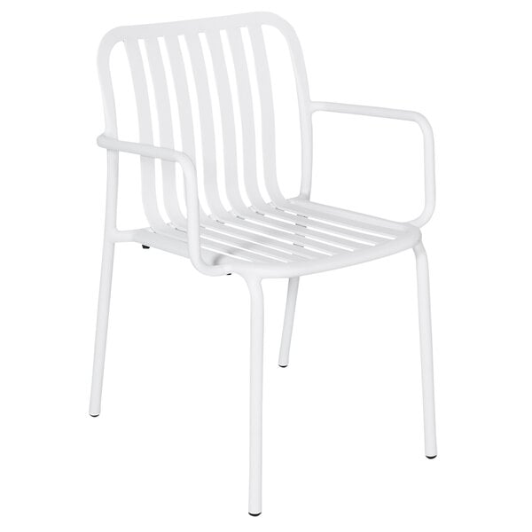 A white powder coated metal outdoor arm chair with vertical slats.