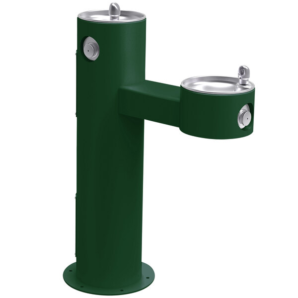 An Evergreen Elkay bi-level outdoor drinking fountain with silver handles.