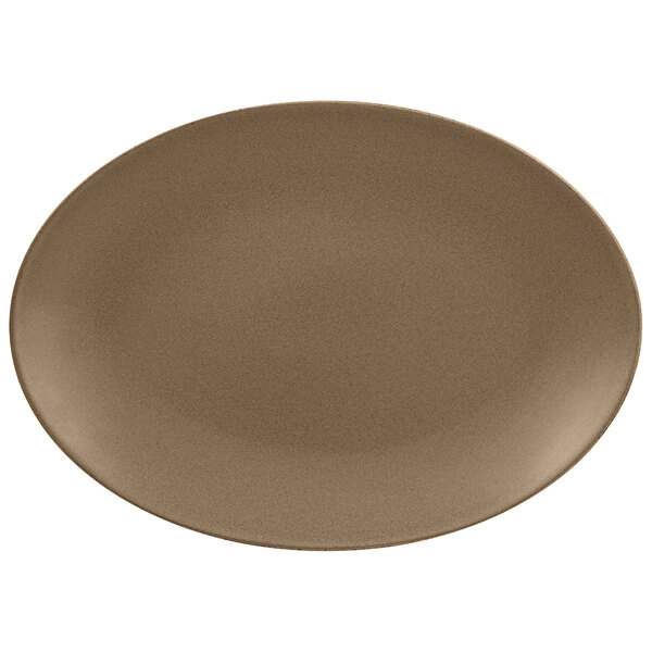 A brown oval porcelain platter with a white background.