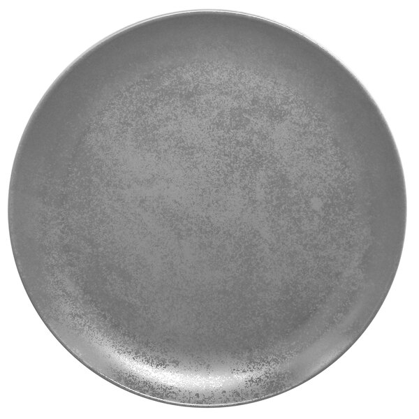 A close-up of a grey RAK Porcelain flat coupe plate.
