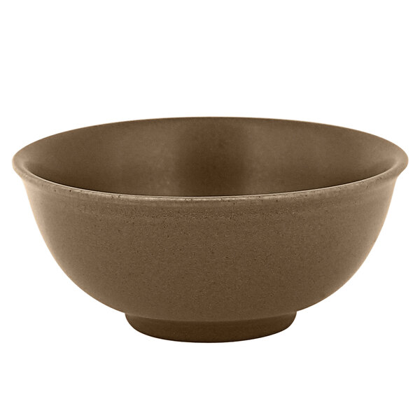 A close-up of a brown RAK Porcelain Genesis crust bowl.