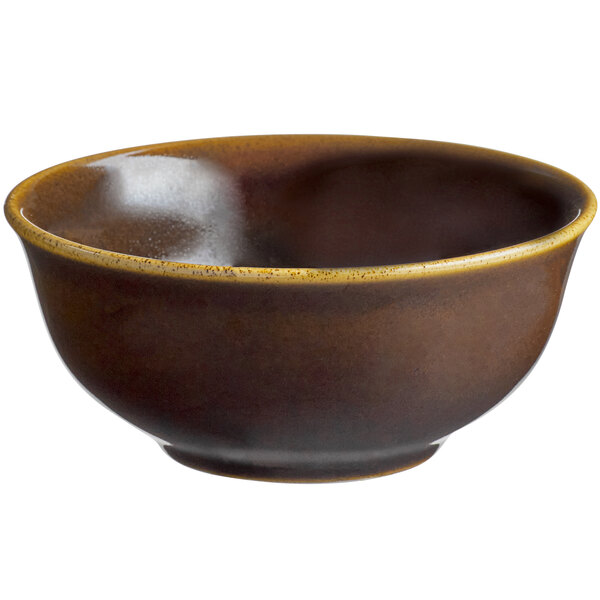 A brown bowl with a yellow rim on a white background.