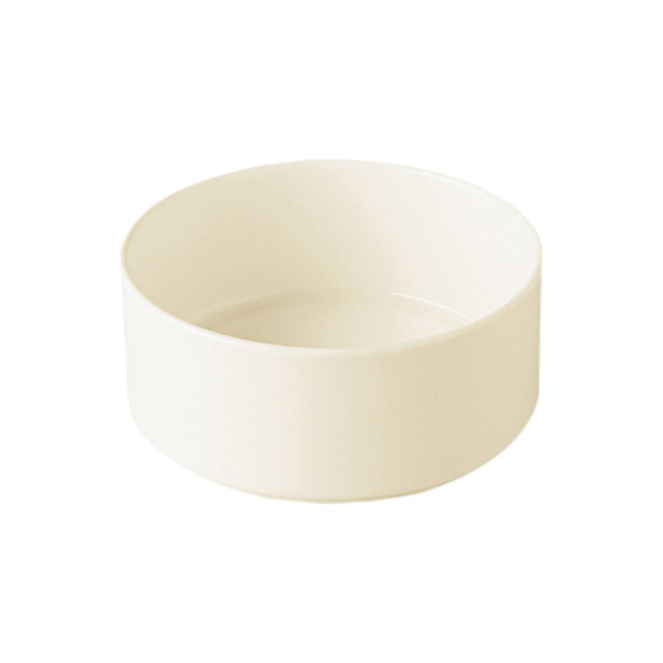 A RAK Porcelain warm white bowl on a white surface.