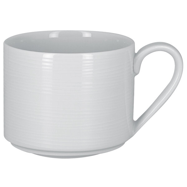 A RAK Porcelain bright white breakfast cup with a handle.