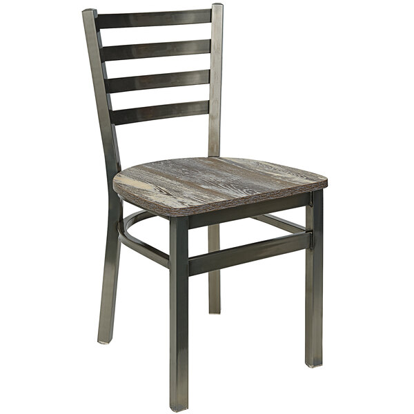 A BFM Seating steel side chair with a wooden seat and clear coat frame.