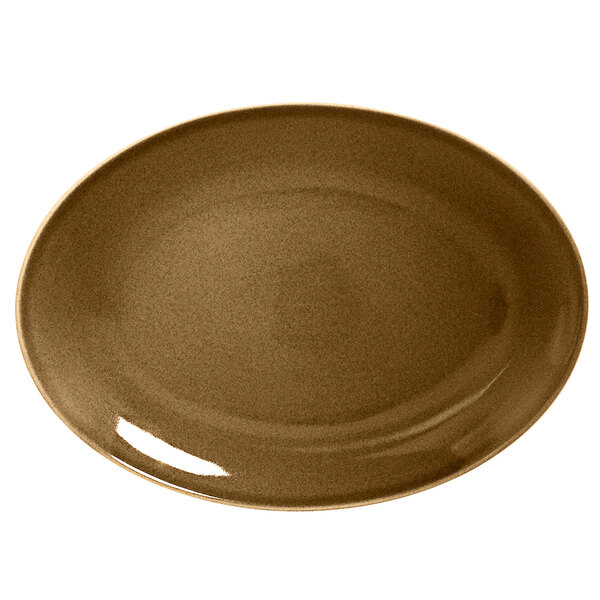A brown oval porcelain platter with a glossy finish.