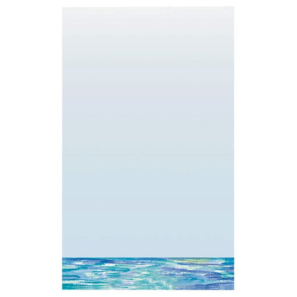 White menu paper with a blue and white watercolor painting of the ocean with a blue sky.