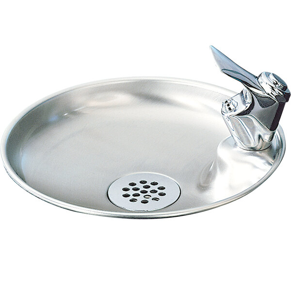 A stainless steel Elkay countertop drinking fountain with a faucet and sink.