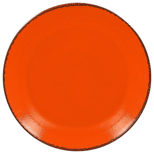 An orange RAK Porcelain coupe plate with a black border.