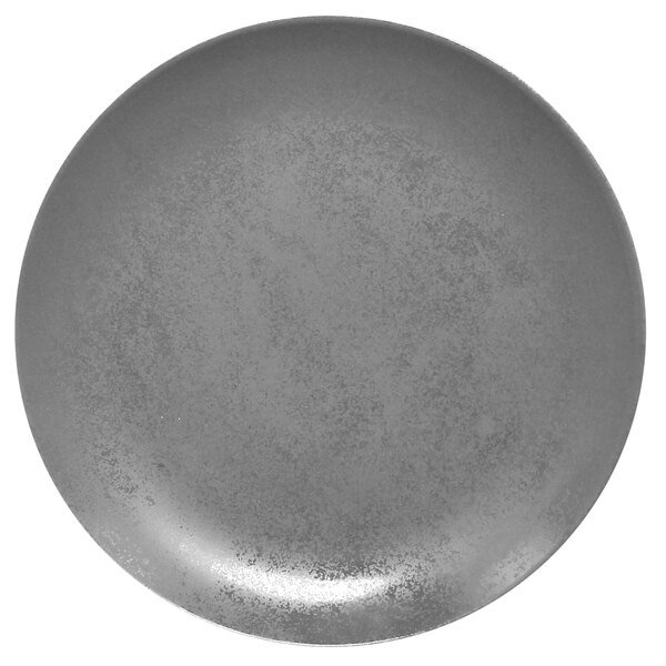 A close-up of a gray RAK Porcelain flat coupe plate.
