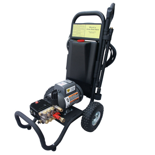 A black and white Cam Spray portable electric pressure washer with wheels and a black handle.