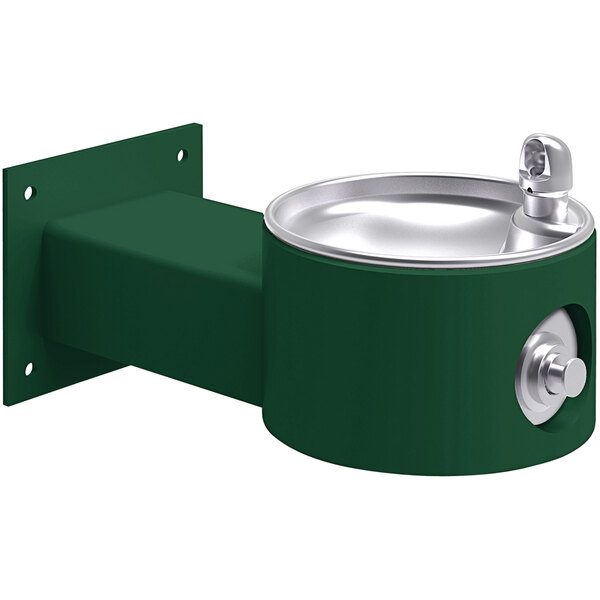 An Evergreen wall mounted drinking fountain with silver accents.
