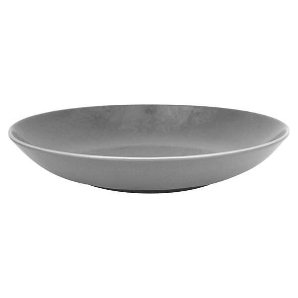 A grey porcelain deep coupe plate with a white background.