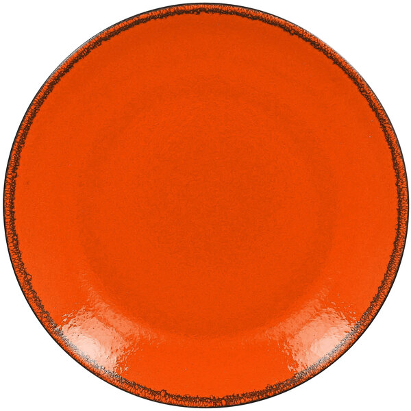 An orange porcelain coupe plate with a black rim.