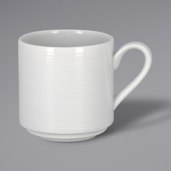 A RAK Porcelain bright white porcelain mug with a handle.