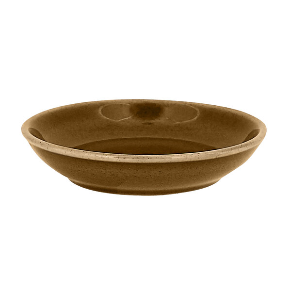 A brown bowl with a hole in the middle on a white background.