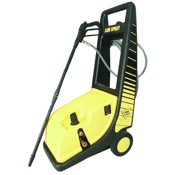 A yellow and black Cam Spray portable electric pressure washer with a hose.