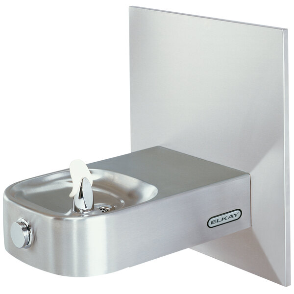 An Elkay stainless steel wall mount drinking fountain with a white cover.