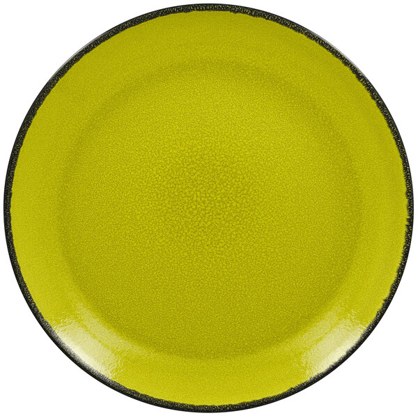 A green porcelain coupe plate with a black rim.