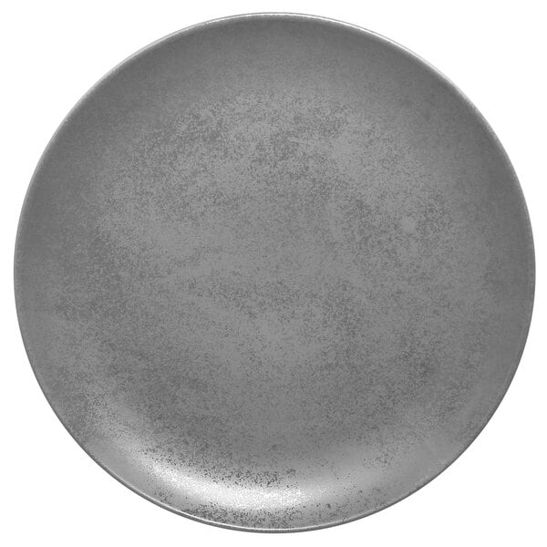 A close-up of a RAK Porcelain grey flat coupe plate.