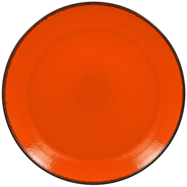 A white porcelain coupe plate with an orange interior and black rim.
